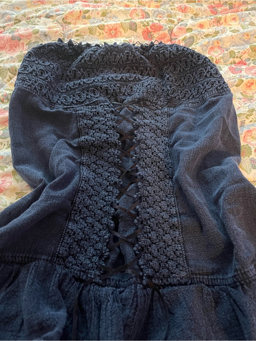 Navy Smocked Lace-Up Strapless Dress